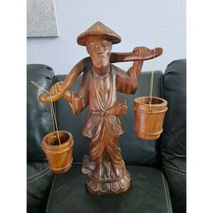Asian Male Carrying Water Vintage Hand Carved‎ Wood Sculpture Large 21" Antique